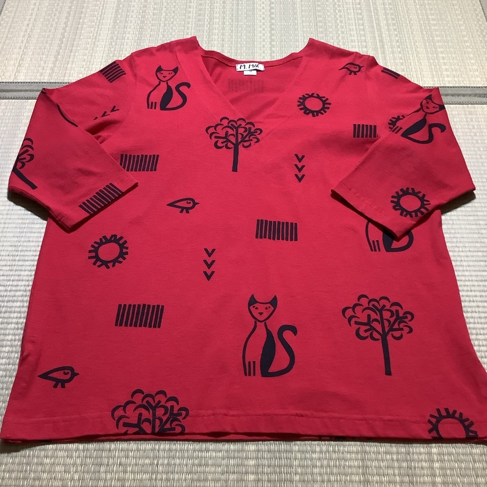 M. Mac Art Wear Tunic Top Cat Bird Tree Print
